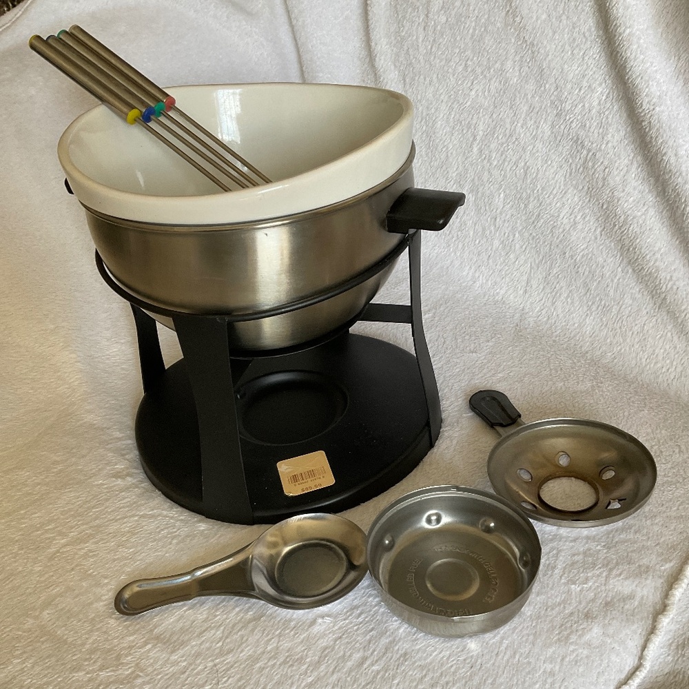 Stainless Steel Fondue Set with Ceramic Insert and Forks - Cream/Black